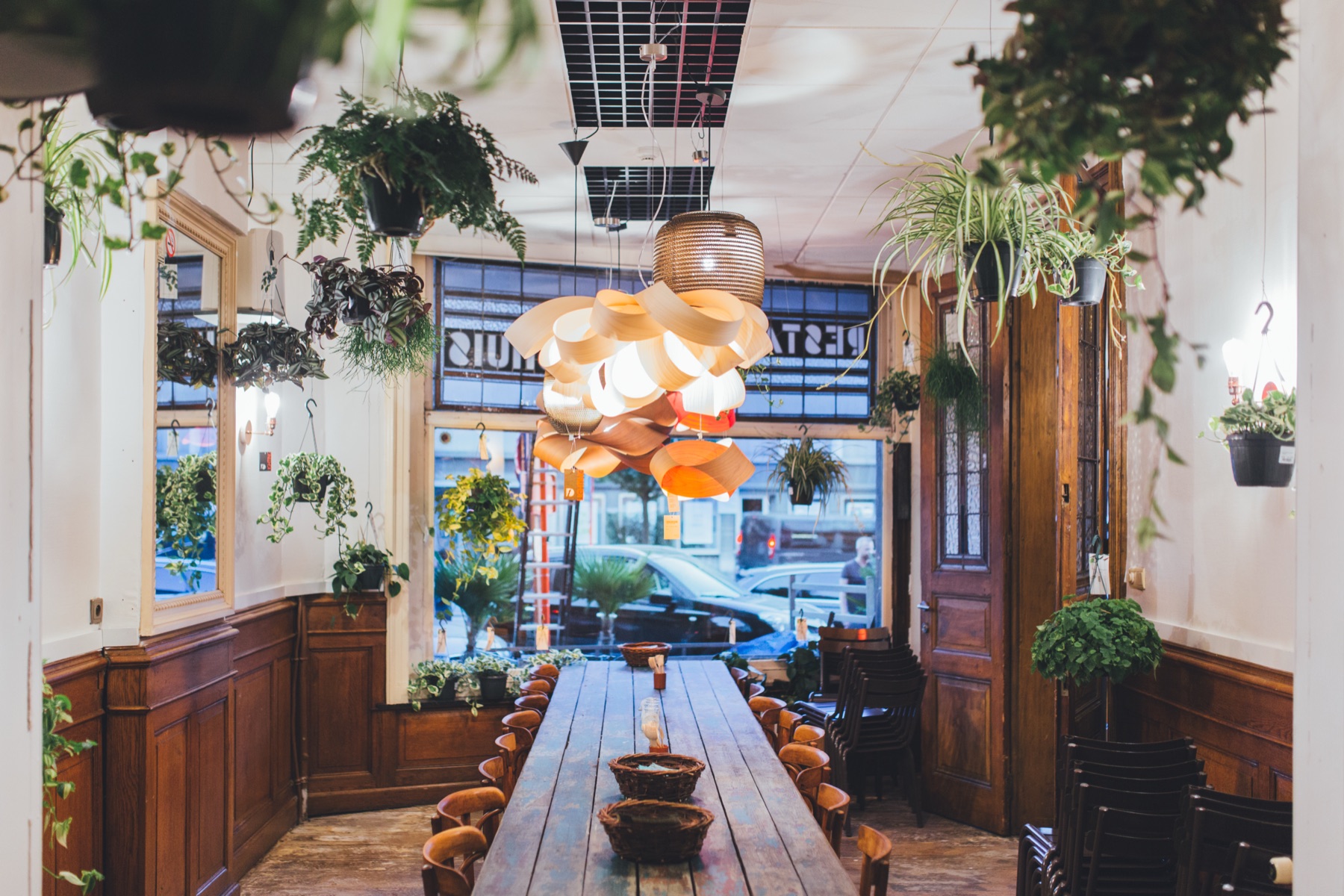 Bamstat, Hasselt: pop-uprestaurant in een leegstaand pand, planten aan het plafond, lange tafels
