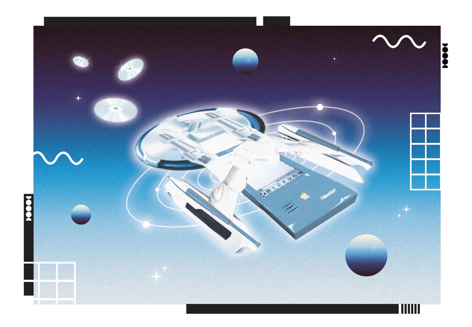 Spread uit het Epicorda-boek, reeks Kosmisch: een Apple Newton als ruimteschip tussen planeten en rasters