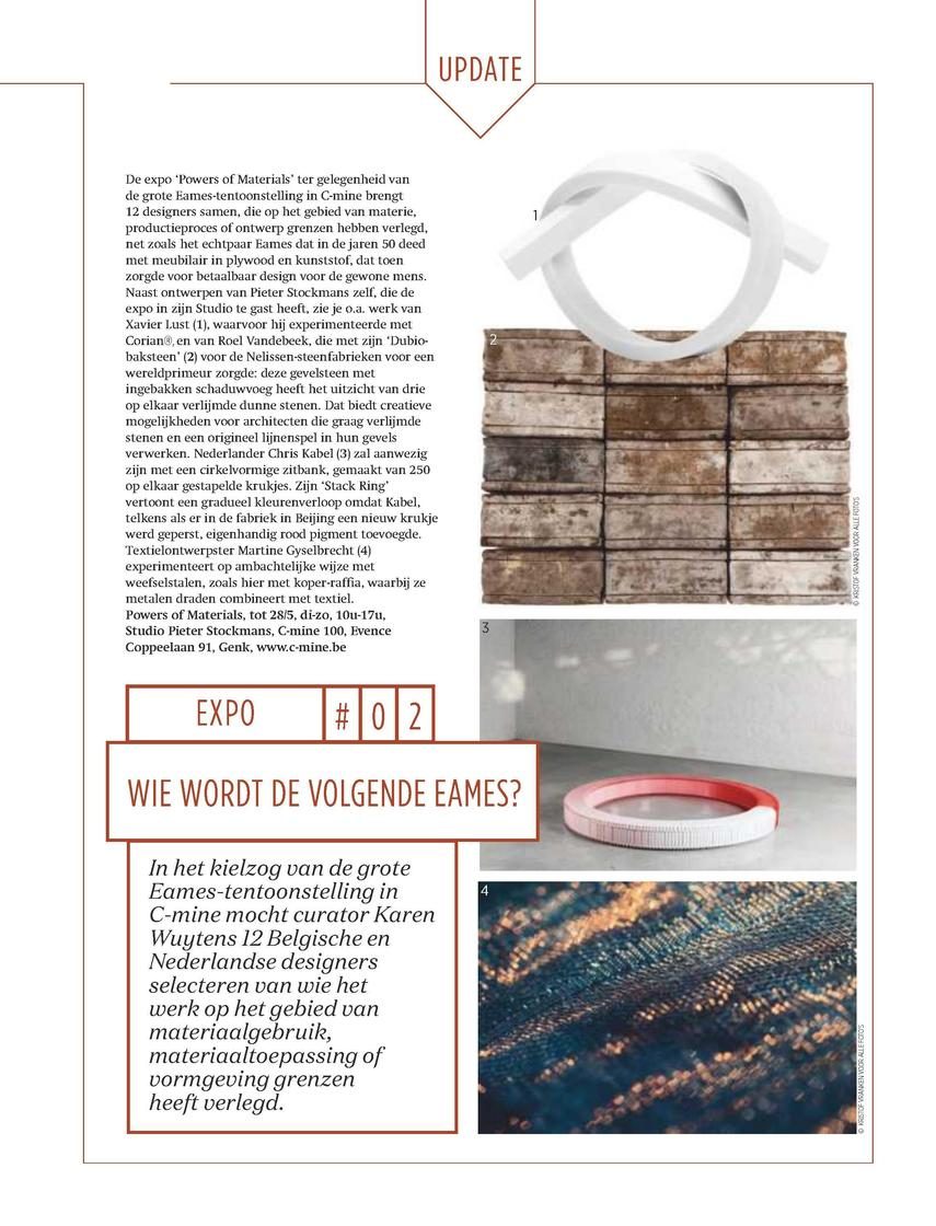 Persknipsel uit Feeling Wonen 175 over de expo Powers of Materials: tekst links, rechts vier werken, van een witte knoop tot een roze zitring