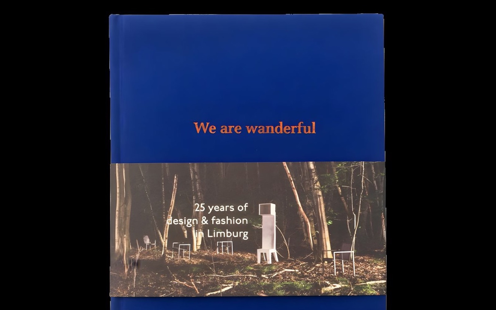 Het boek We Are Wanderful (Lannoo, 2017): blauwe linnen band met een foto van een Limburgs bos